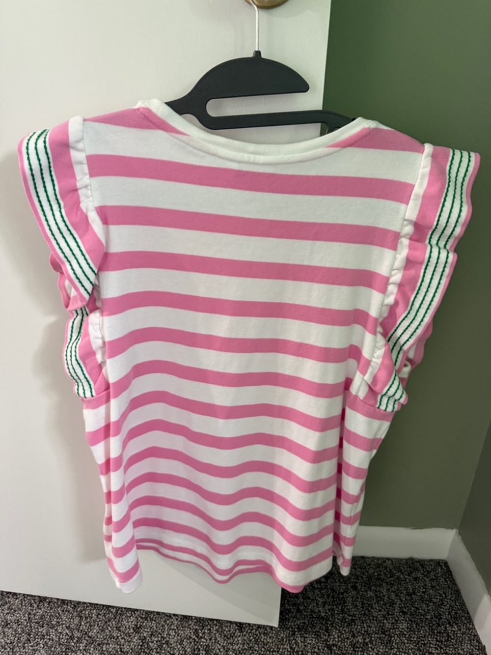 crown & ivy Pink and White Striped Flutter Sleeve Top with Green Trim - Picture 2 of 4